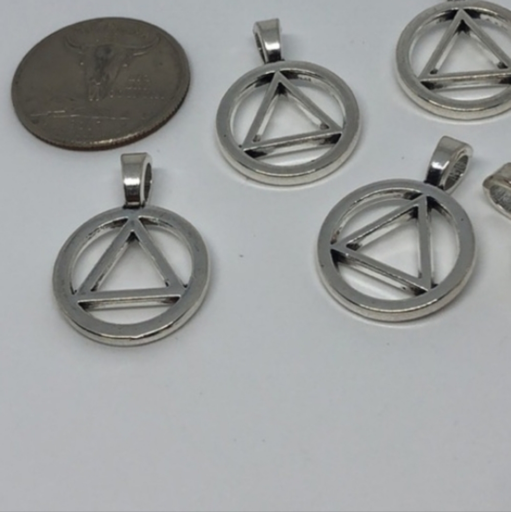 $10 for 10 AA Antique Silver Recovery Symbol Charm with Hangers - Picture 2 of 4